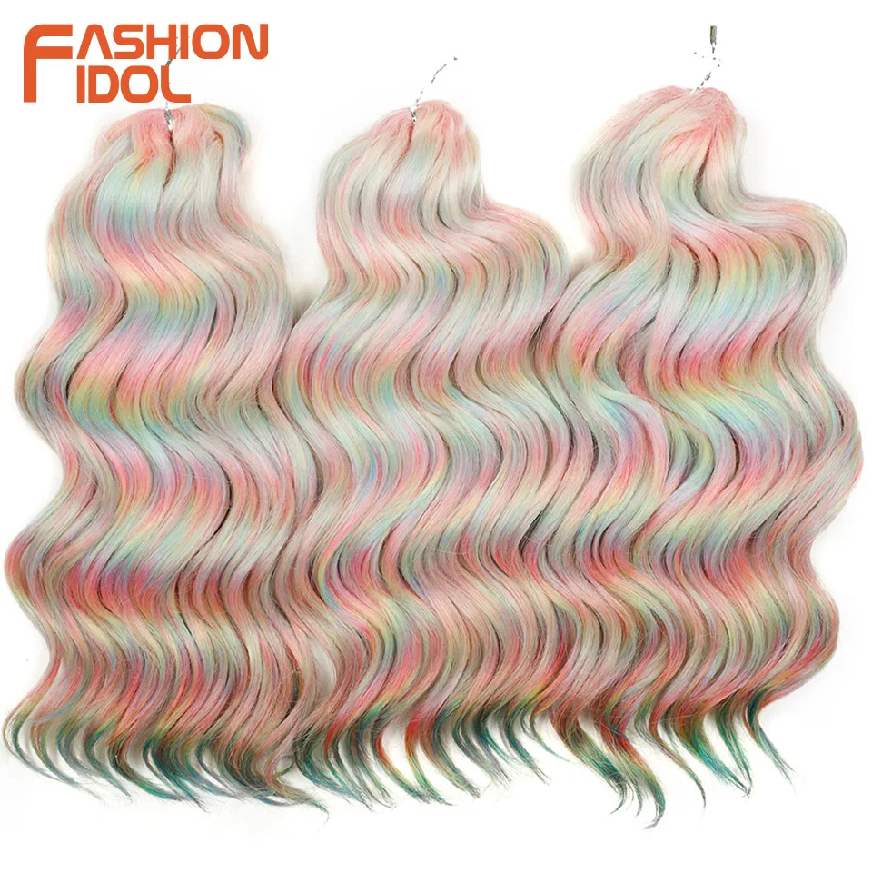 FASHION IDOL 16inch/3pcs Deep Wavy Twist Crochet Hair Synthetic Curly Hair Crochet Braids Ombre Rainbow Braiding Hair Extensions
