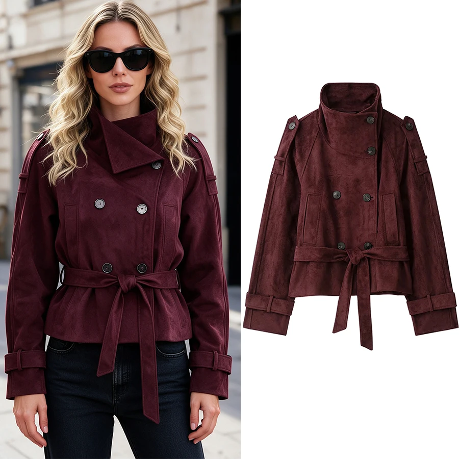 Women Fall Winter Faux Suede Jacket Women Belted Waist Coat Stand Collar Short Jacket Commute Wear Street Style Lady Jacket