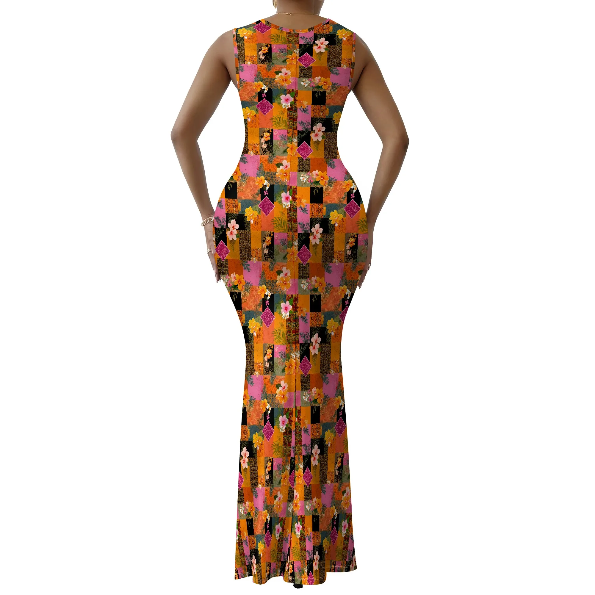 Vibrant Floral Patchwork Bodycon Dress Women's Sleeveless Maxi Dress - XS-2XL Stylish Casual or Cocktail Dress