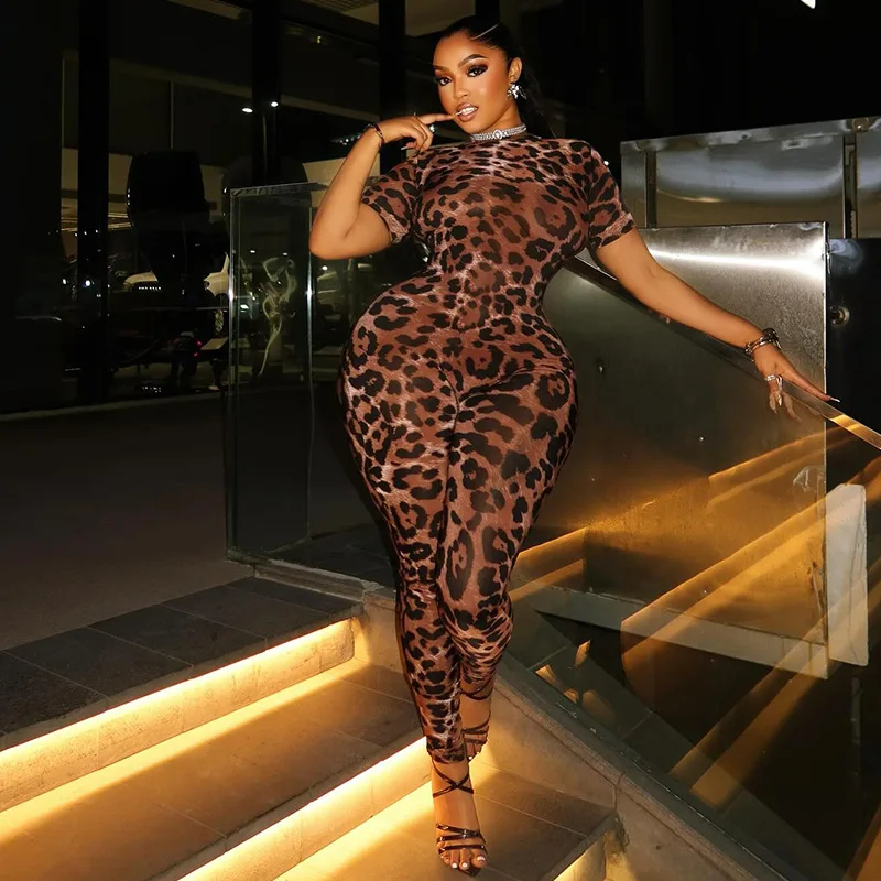 

Women Wild Sexy Leopard Print Backless Skinny Jumpsuits O Neck Short Sleeve Slim Fit Night Club Party Overalls Casual Streetwear