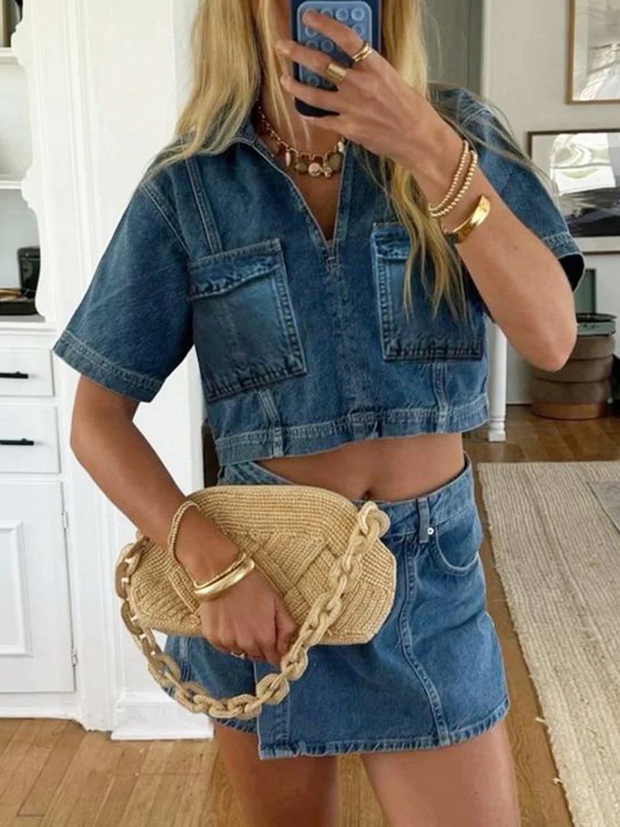 New Fashion Women 2 Piece Denim Outfits Short Sleeve Lapel Jean Tops And Asymmetrical Shorts Set Streetwear Hot Sale S-XL