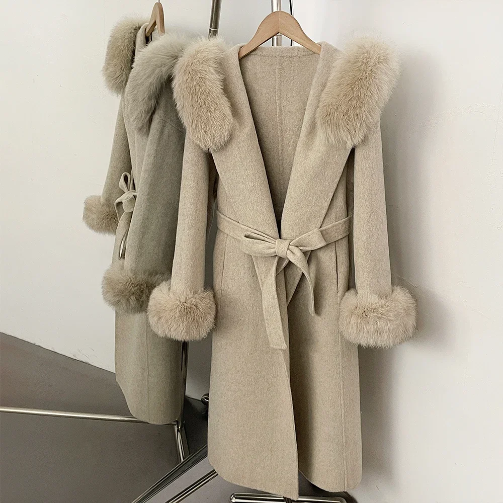 OFTBUY New Winter Warm Hood Solid Woolen Overcoat for Women Long Wool Blend Coat Women Real Fox Fur Belted Waist Jacket Female