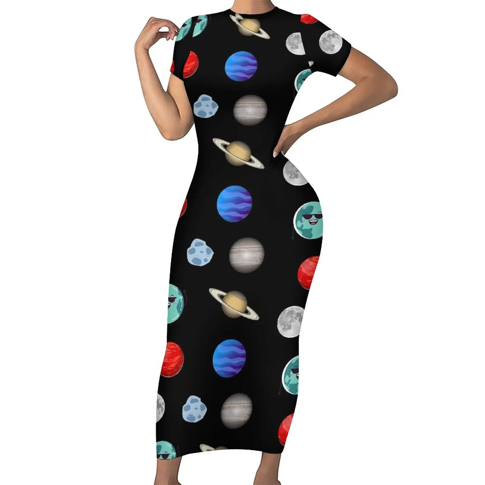 

Space System Bodycon Dress Spring Colorful Planets Sexy Maxi Dresses Female Short Sleeve Custom Street Style Dress Big Size 5XL