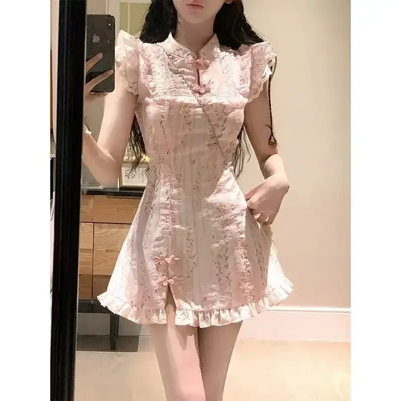 Bloemenprint minirok dames taille cinching afslankend ontwerp nieuwe Chinese stijl zoete bloemenjurk dames
