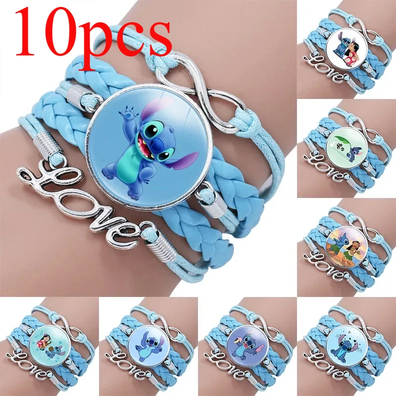 10pcs Lilo & Stitch Leather Bracelets Disney Accessories Braided Wristbands Jewelry Cosplay Anime Decoration Kids Toys Gifts