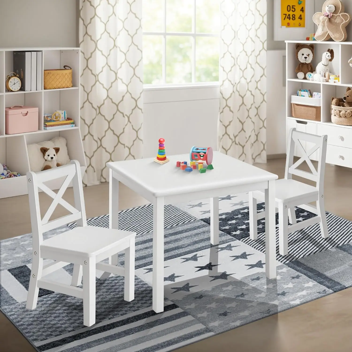 Solid Hard Wood Kids Table and Chair Set (2 Chairs Included), White, 3 Piece Set