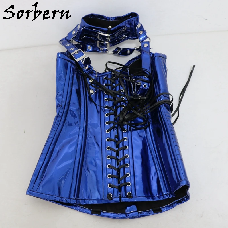 Sorbern-corsé de busto completo metálico personalizado para mujer, corsé de hueso de acero con remaches de cuello, orificios de ojales, cordones en
