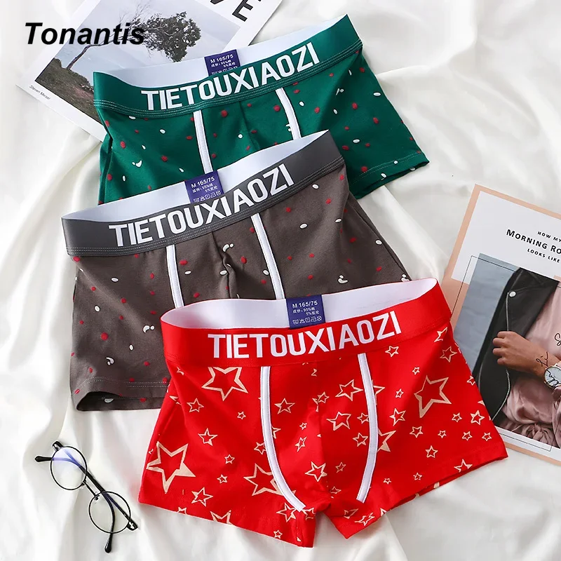 3Pcs/Set Mens Underwear Fashion Cotton Boxer Shorts Creative Stars Printing Men\'s Panties Plus Size Breathable Male Underpants