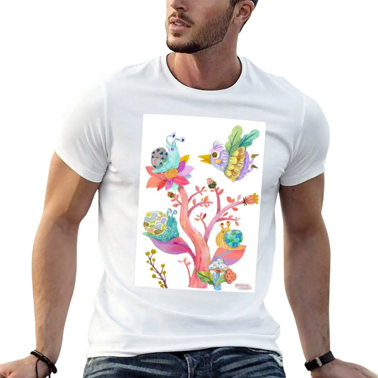 A cute little bird and snails on white background with happy colors characters T-Shirt Christmas Theme Tee Top