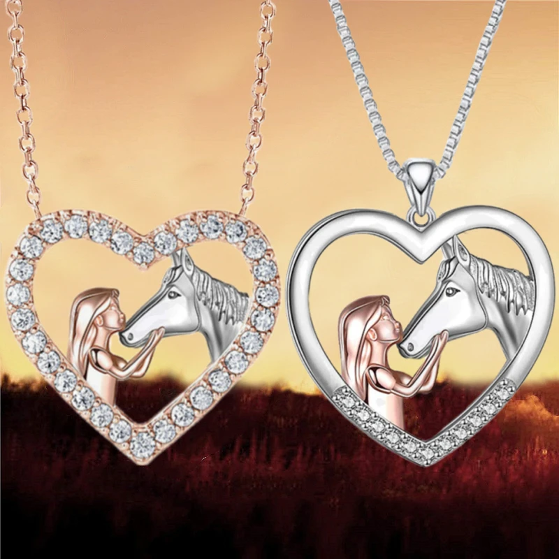 Exquisite Heart Zircon Girl and Horse Necklace for Women Rose Gold Plated Pendant Necklace Animal Jewelry Party Anniversary Gift