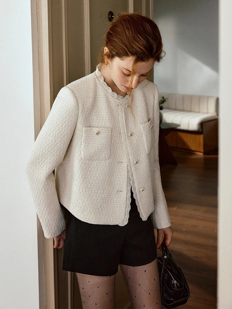 OLrain French Short Coat Woman Casual Solid Lace O-Neck Placket Jackets 2025 Autumn New Arrival Female clothing GO57QW000258