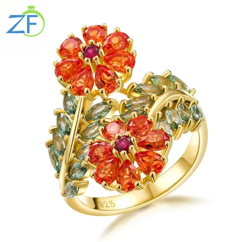 GZ ZONGFA 925 Sterling Silver Colorful Flower Rings for Women 4.5ct Colorful Gemstone Gold Plated Rings Trendy Fine Jewelry