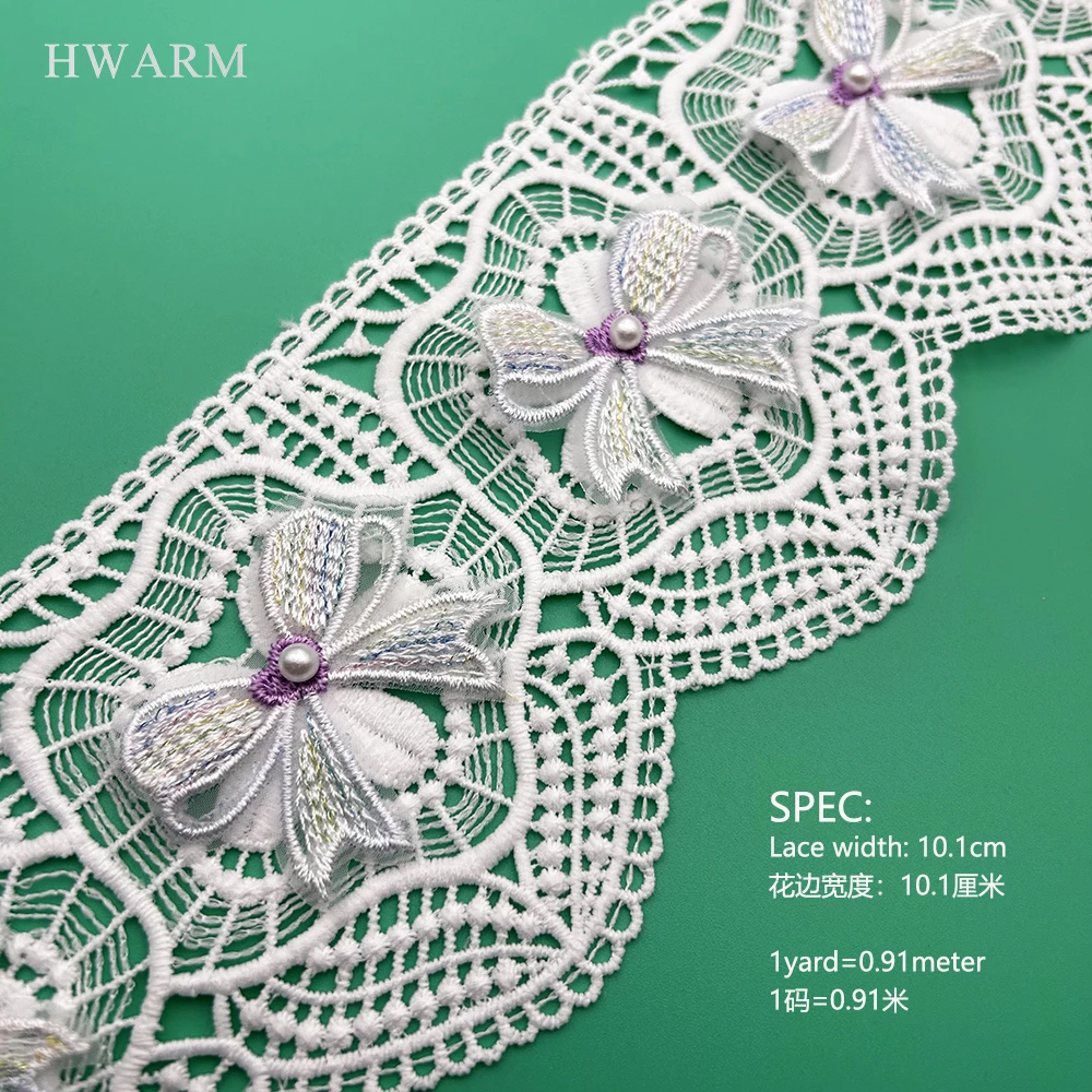 Tecido de renda 3d 5 jardas 10.1cm com laço colorido roxo contas em forma de coração diy roupas bordadas corredor de mesa saia cortina vestido