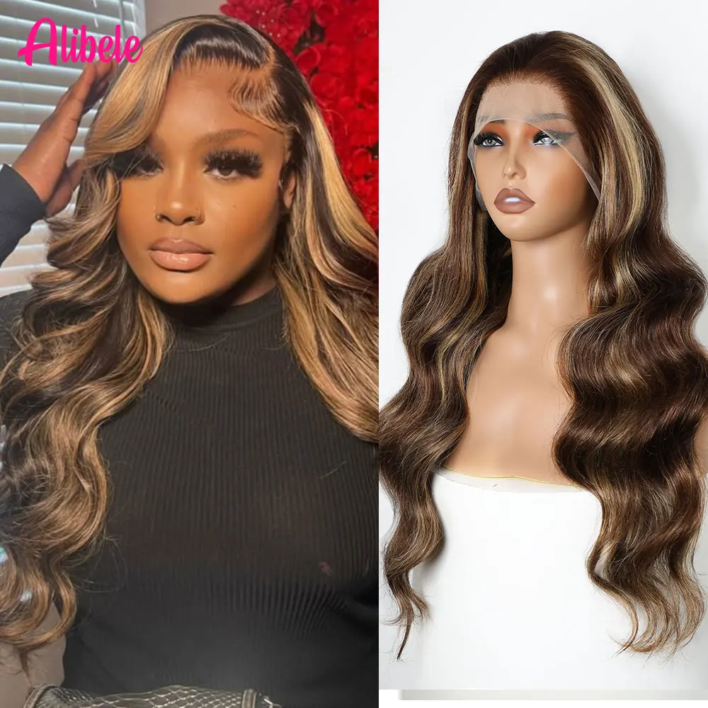 

Ombre Honey Blonde Brown Wig Alibele Body Wave 13x4 Lace Frontal Wig Highlight P4/27 Colored Wigs Transparent Lace Front Wig 12A