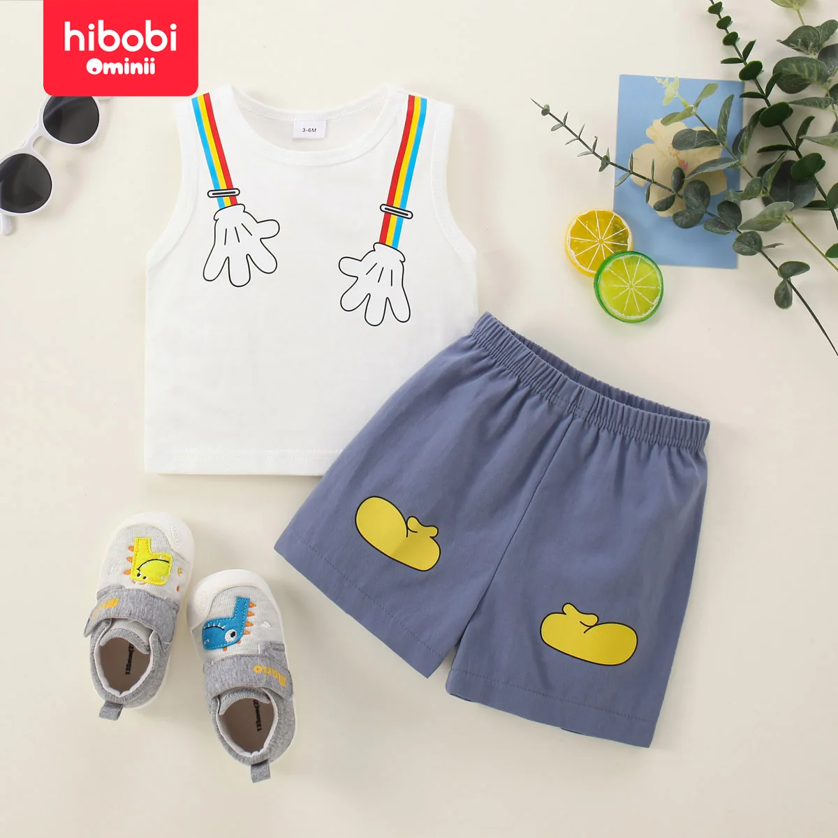 hibobi Summer 2-Piece Baby Boy Pure Cotton Cartoon Printed Vest & Matching Shorts Cute Cartoon Short-Sleeved Home Clothes Set