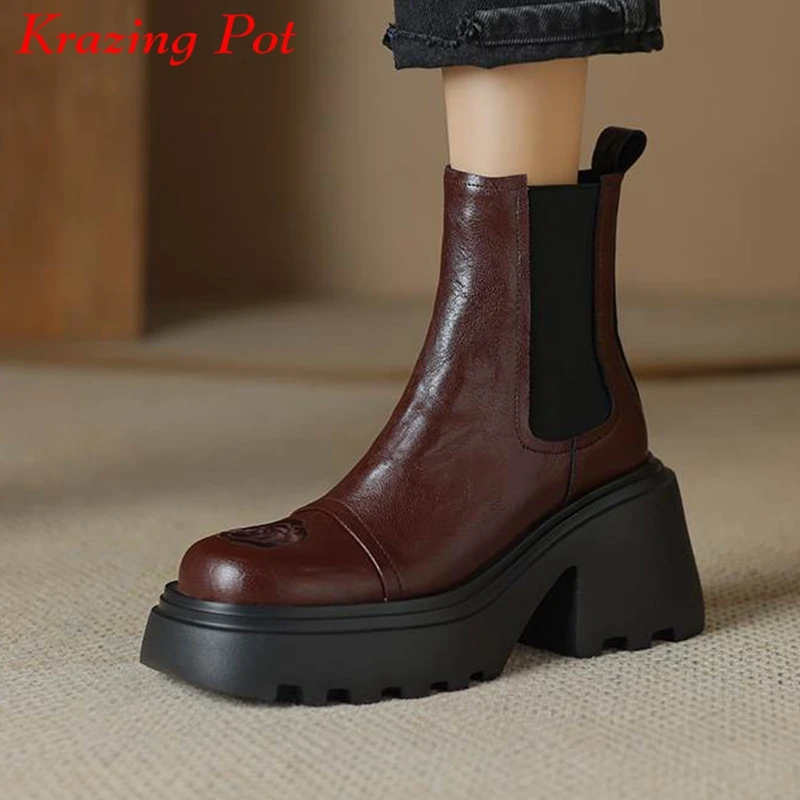 Krazing Pot Cow Leather Vintage Thick High Heels Round Toe Winter Warm Western Boots British Preppy Style Platform Ankle Boots