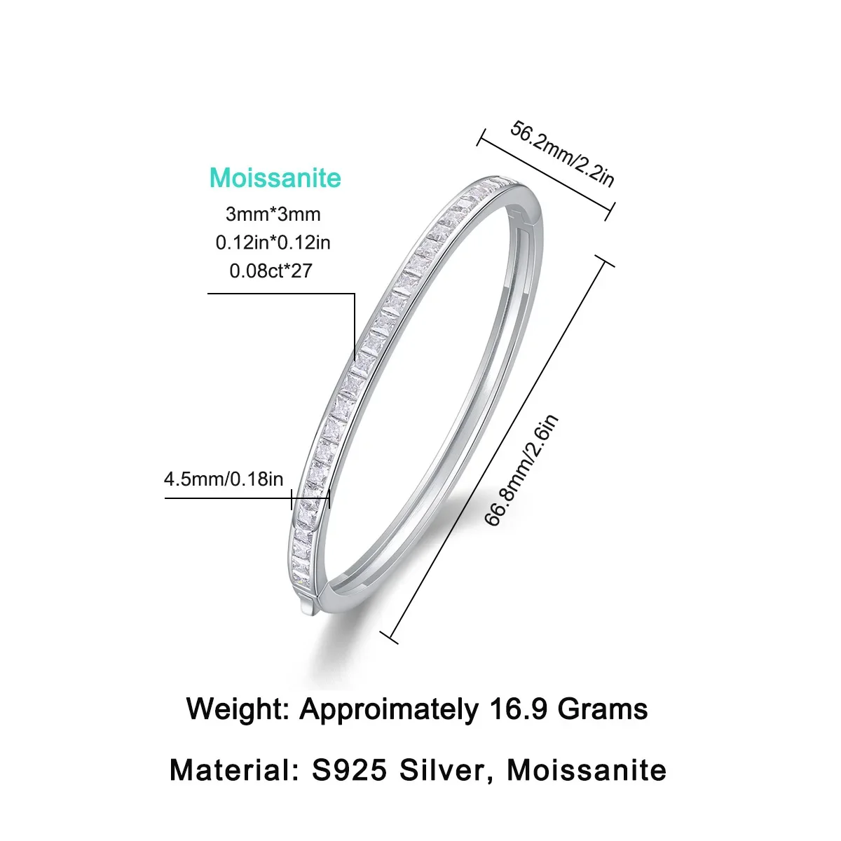 2.16cttw D Color Moissanite Bangles For Women GRA Certified S925 Silver 3*3MM Princess Cut  Diamond Hand Bracelet Jewelry