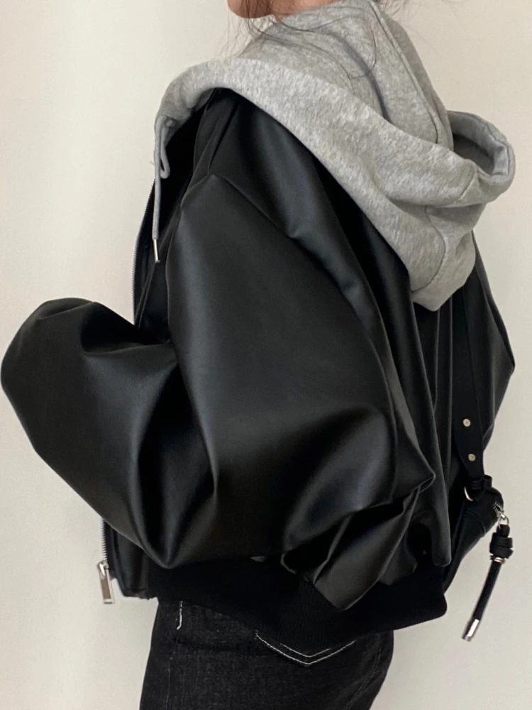 خريف شتاء جديد في مزاجه المتخصصة الرجعية سستة جيب مزدوج عادية فضفاض وهمية قطعتين مقنعين سترة جلدية القمم