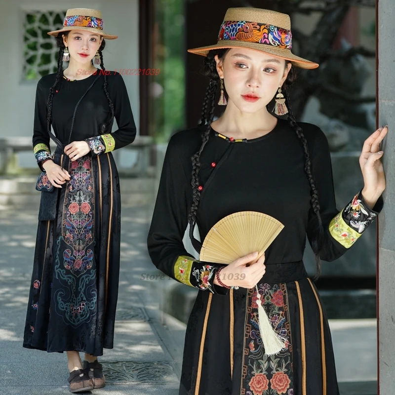 

2024 traditional chinese ethnic hanfu tops national flower embroidery o-neck shirt retro base shirt vintage folk improved shirt