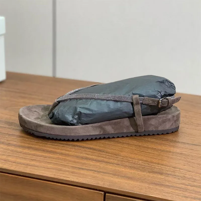 

Летние сандалии на толстой подошве, женские римские туфли с цепочкой и бусинами, женские шлепанцы, сандалии на плоской подошве, замшевые сандалии Mujer