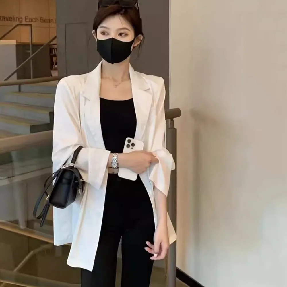 Spring Fashion Satin Blazers Women Chic Casual Long Sleeve Hot Diamond Loose Sunscreen Suit Coat Shoulder-padded Female Jacket