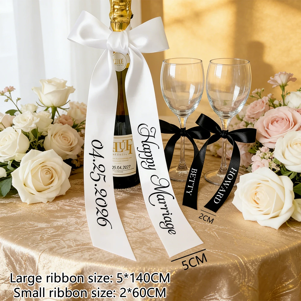 3Pieces/Set Customized Bow Ribbon Customizable Name Date Text Wedding Party Cup Bottle Decoration Ribbon Custom Name Ribbon