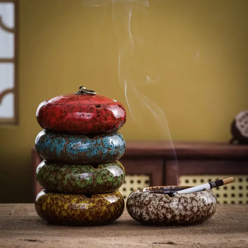 Ceramic Ashtray Creative Household Anti-fly Ash with Cover Tray Smoke Living Room Decoration Accessories Gifts for Boyfriend
