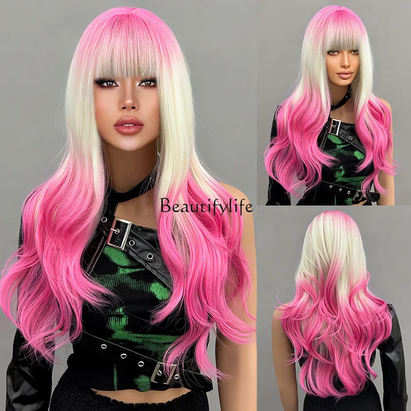 

Wig full head hairstyle long curl layered with bangs synthesis gradual change beige pink