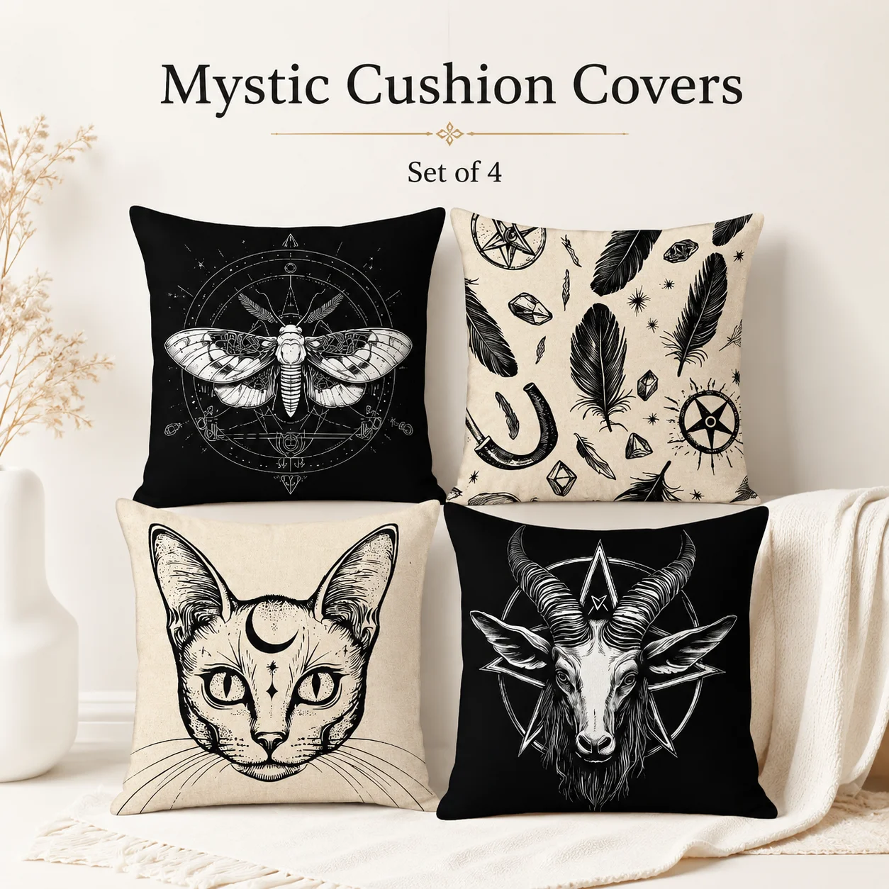 

Gothic Mystic Cat Moth Baphomet 2D Flat Printed Peach Skin Cushion Cover Set Of 4 Witchy Home Decor Throw Pillow Case For Sofa