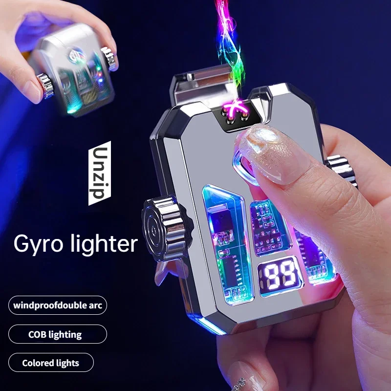 Windproof Double Arc Tpye-C Rechargeable Gyro Lighter Cool LED Light Decompression Toy Men's Gift Cigarette Lighter