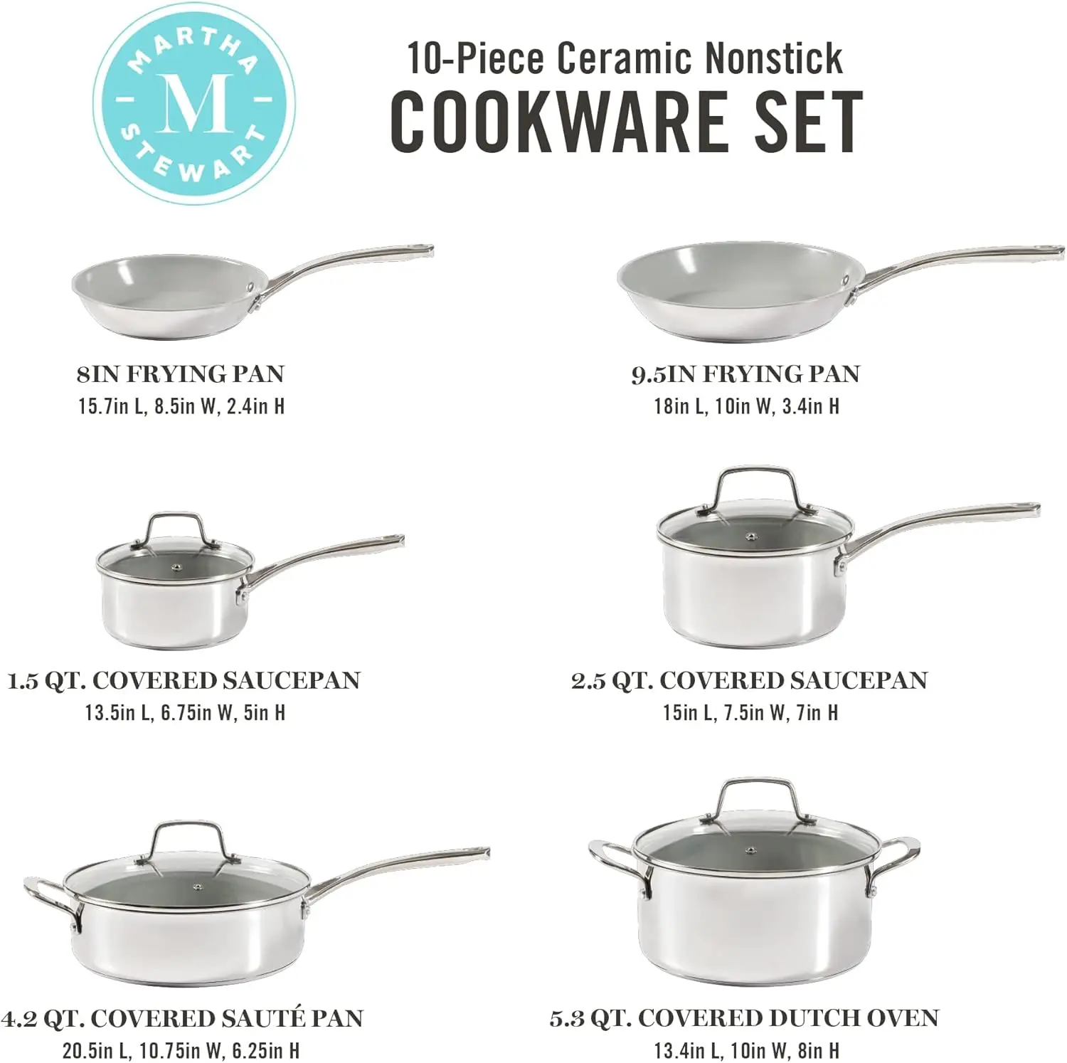 Martha Stewart Delaroux 10 Piece Stainless Steel Cookware Set w/PFAs Free Premium Nonstick Ceramic Interior