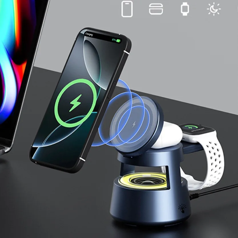 Magnetic Night Light LED Wireless Charger Stand Bluetooth Speaker 5 in 1 For iPhone 16 15 14 13 12 Apple Watch 9 8 Airpods Pro