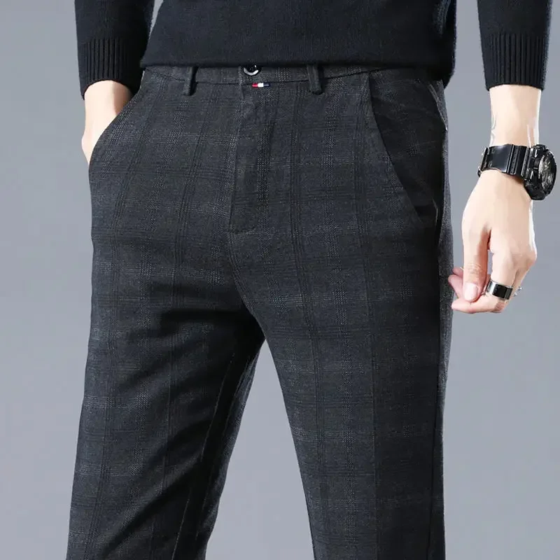 Black Men\'s Summer Pants Straight Plaid Check Male Suit Trousers Stylish 2024 Designer Clothes Spandex Chinese Homme Fabric Up