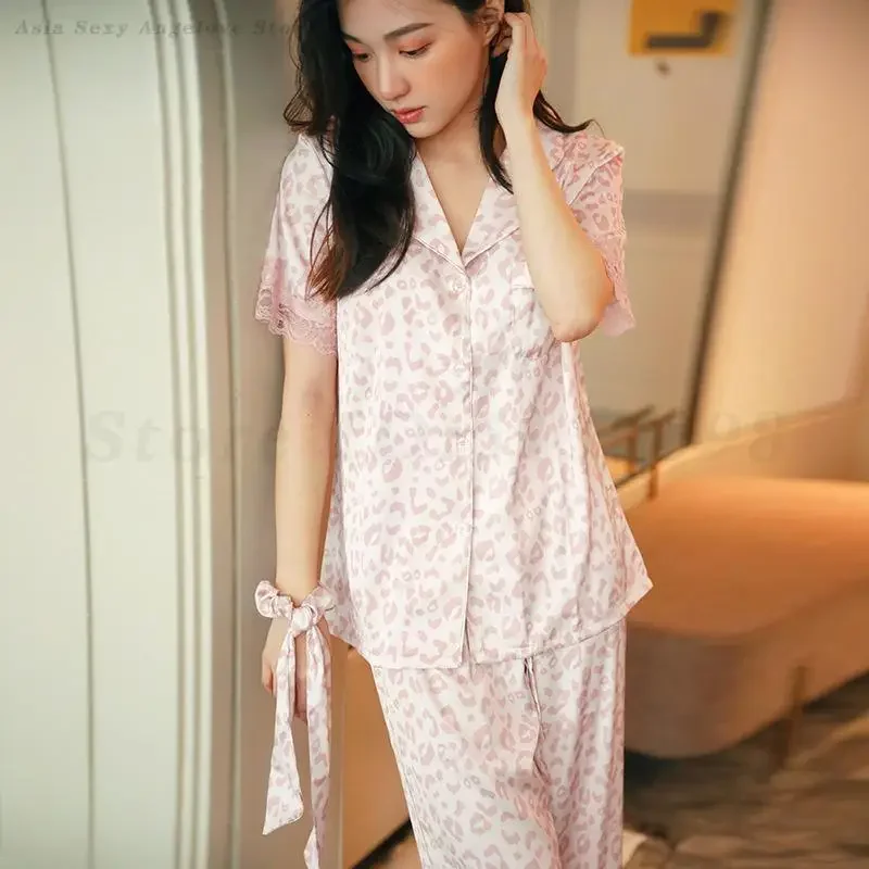

Pink Leopard Print Pajama Set Ice Silk Nightwear Women's Loose Homewear Shirt Trousers Suit Spring Summer Sleepwear Loungewear