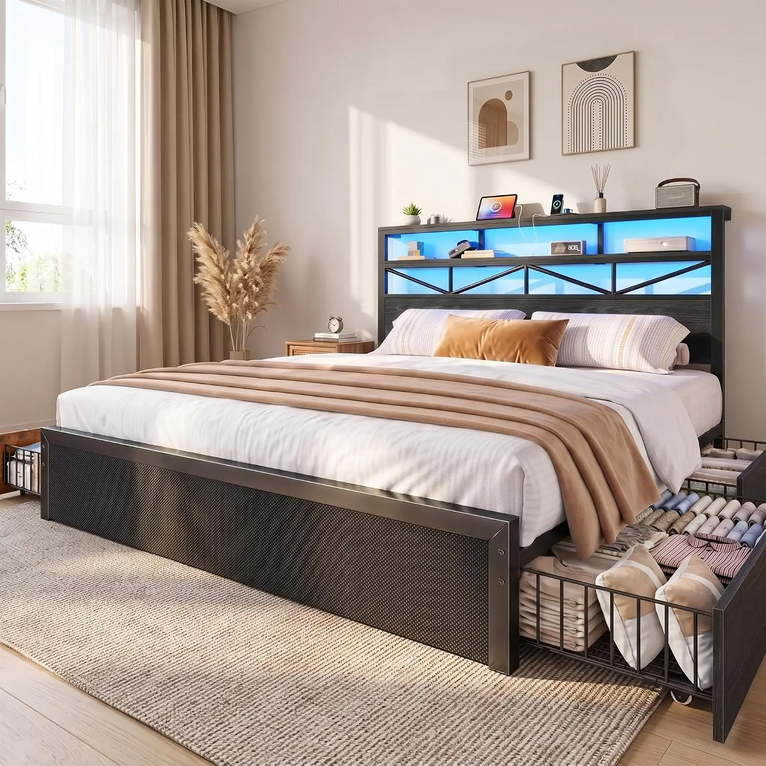 Queen Bed Frame With 4 Drawers & 2-Tier Storage Headboard Shelf, Customized