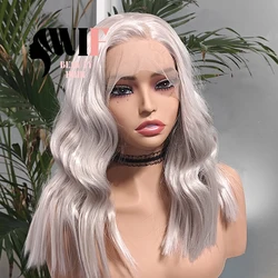 WIF Sliver Bob Lace Wig Body Wave Short Bob Sliver Grey Hair Synthetic Lace Front Wigs Women Daily Use Sliver Bob Synthetic Hair