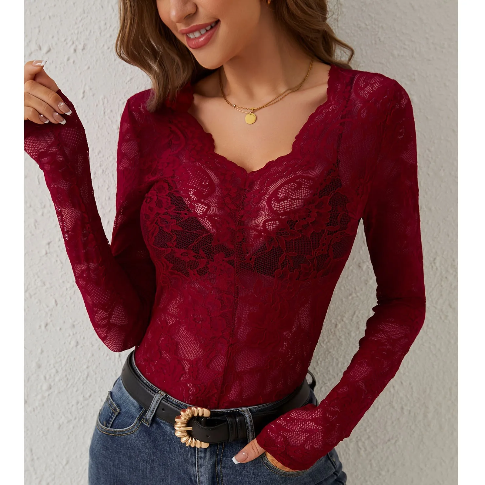 Haut en dentelle pour femme, couleur unie, dentelle florale, Base de décoration en forme d'éventail, petit haut à manches longues, col en V