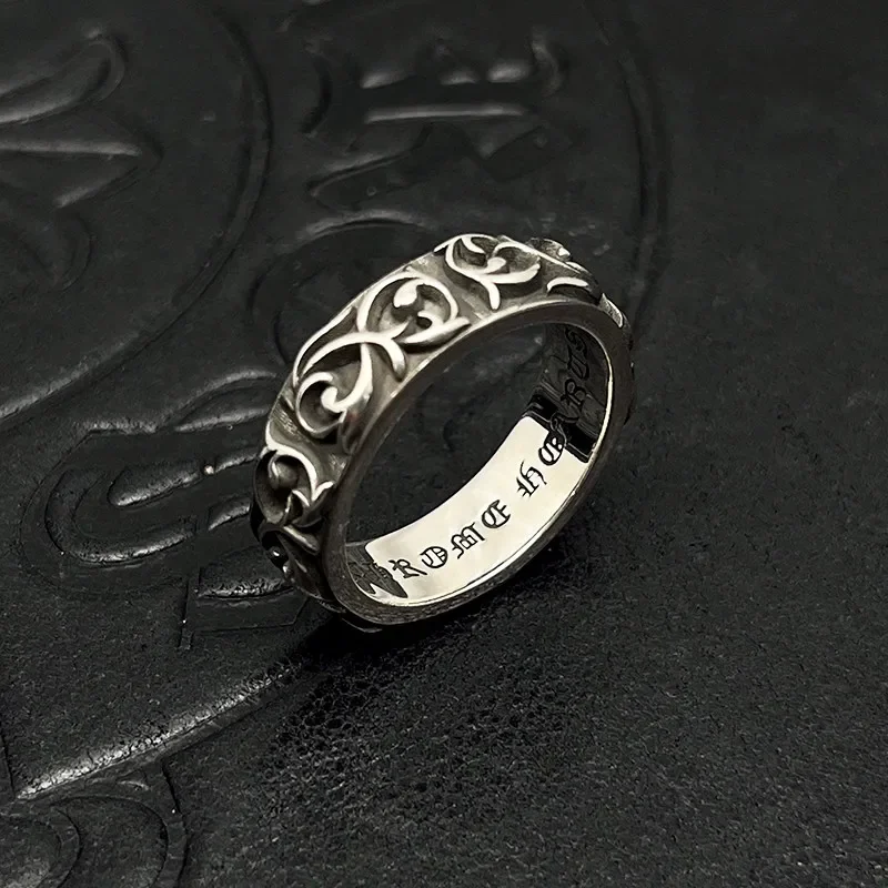 S925 Sterling Silver Retro Vine Court Flower Ring Men's and Women's European and American Personality Hip Hop Vine Ring Classic