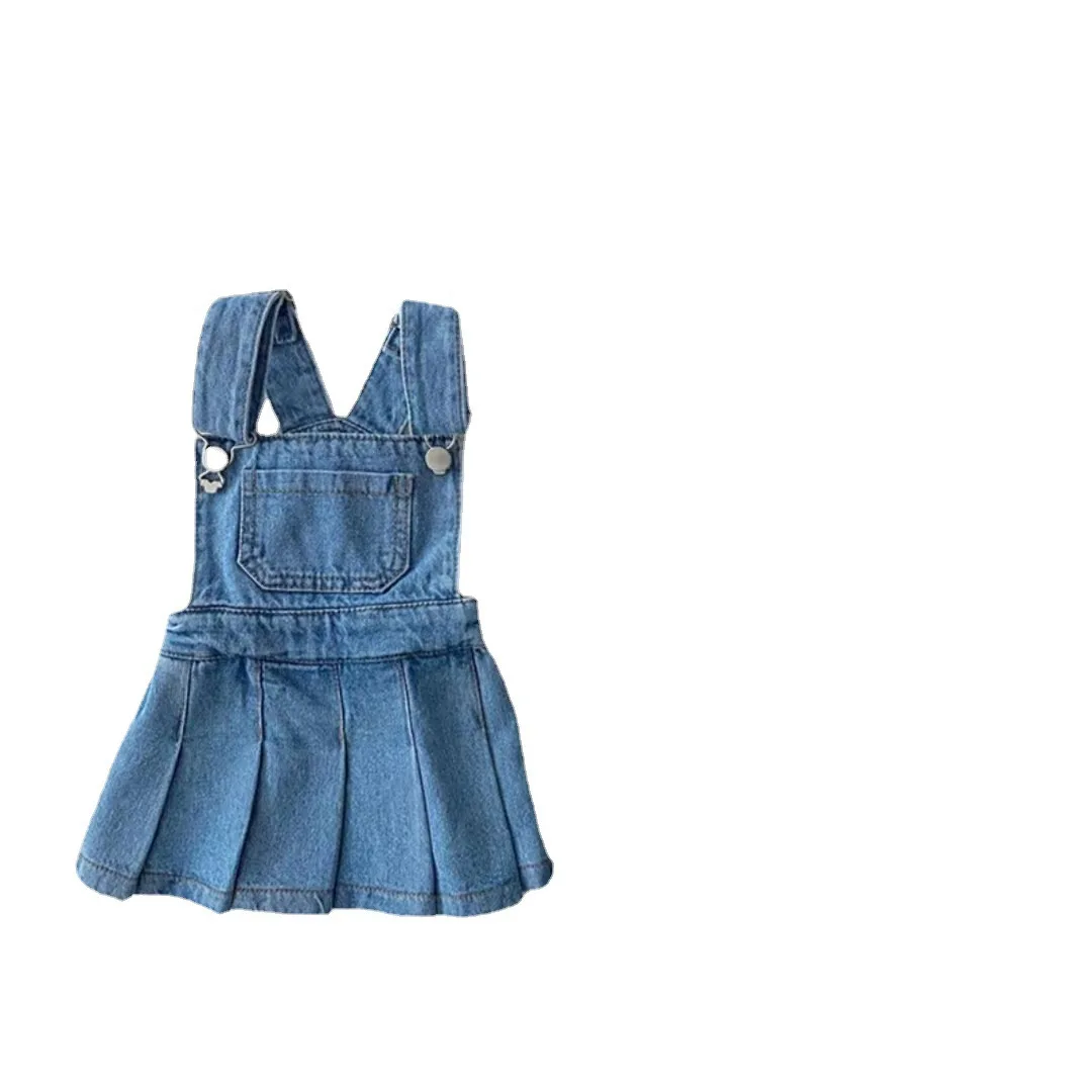 New Arrival Toddler Girl Korean Fashion Jean Jumper Gown, All-match Strap Kids Daily Outfit for 73-120cm