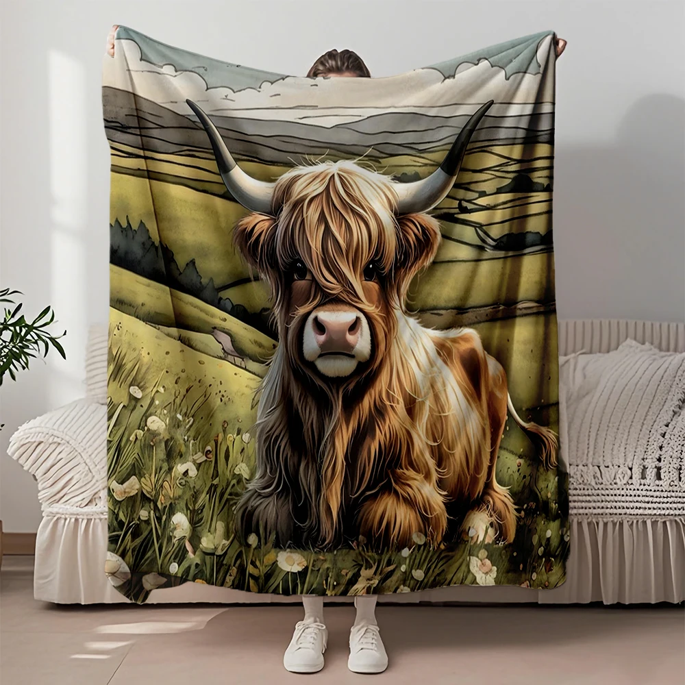 

Winter/summer Tropical Flannel Blanket Countryside Highland Cow Quilted Bed Runner Faux Fur Throw Skin-friendly Blankets