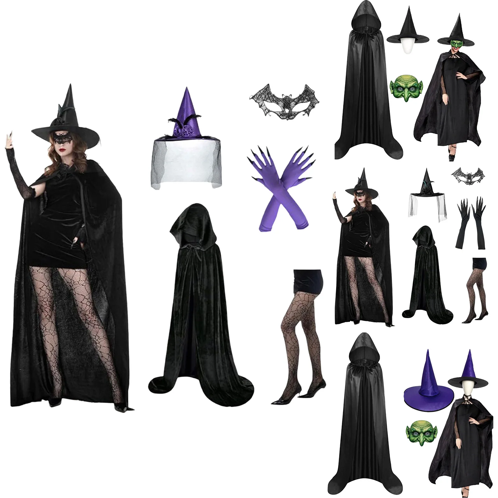 Zestawy akcesoriów na Halloween dla wiedźm z peleryną z kapturem, czapką wiedźmy, maską na twarz, niektóre z rękawicami i pończochami dla kobiet do cosplayu.