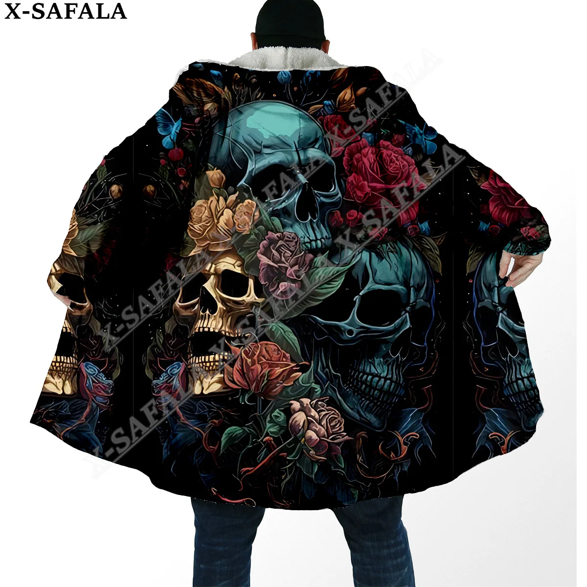 Dark Love Deth Rose Skull Trippy 3D Print Dream Cloak Thick Warm Hooded Men Overcoat Coat Windproof Fleece Cape Robe Blanket-5