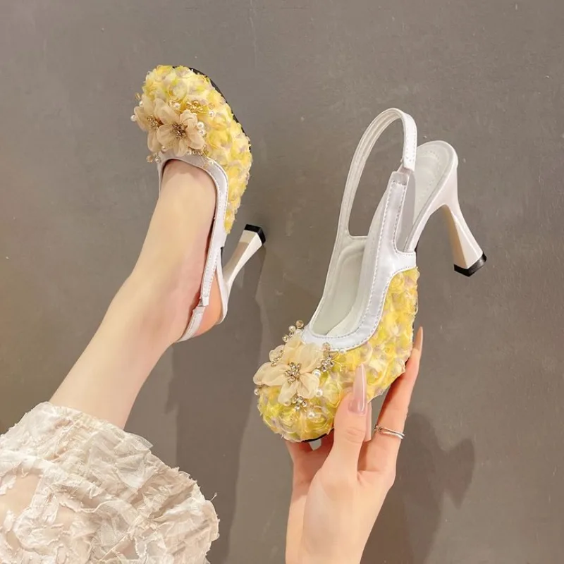 Women Wedding Pumps Mesh Embroidered Flowers Back Strap Sexy Slingback High Heel Dress Shoes