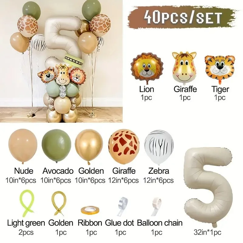 40 Stück Neue Dschungel-Retro-Tierballons für Kindergeburtstage, Nummer 12345 Party-Dekorationsset mit Zahlen-Säulen, Tiger, Löwe – Detail 5