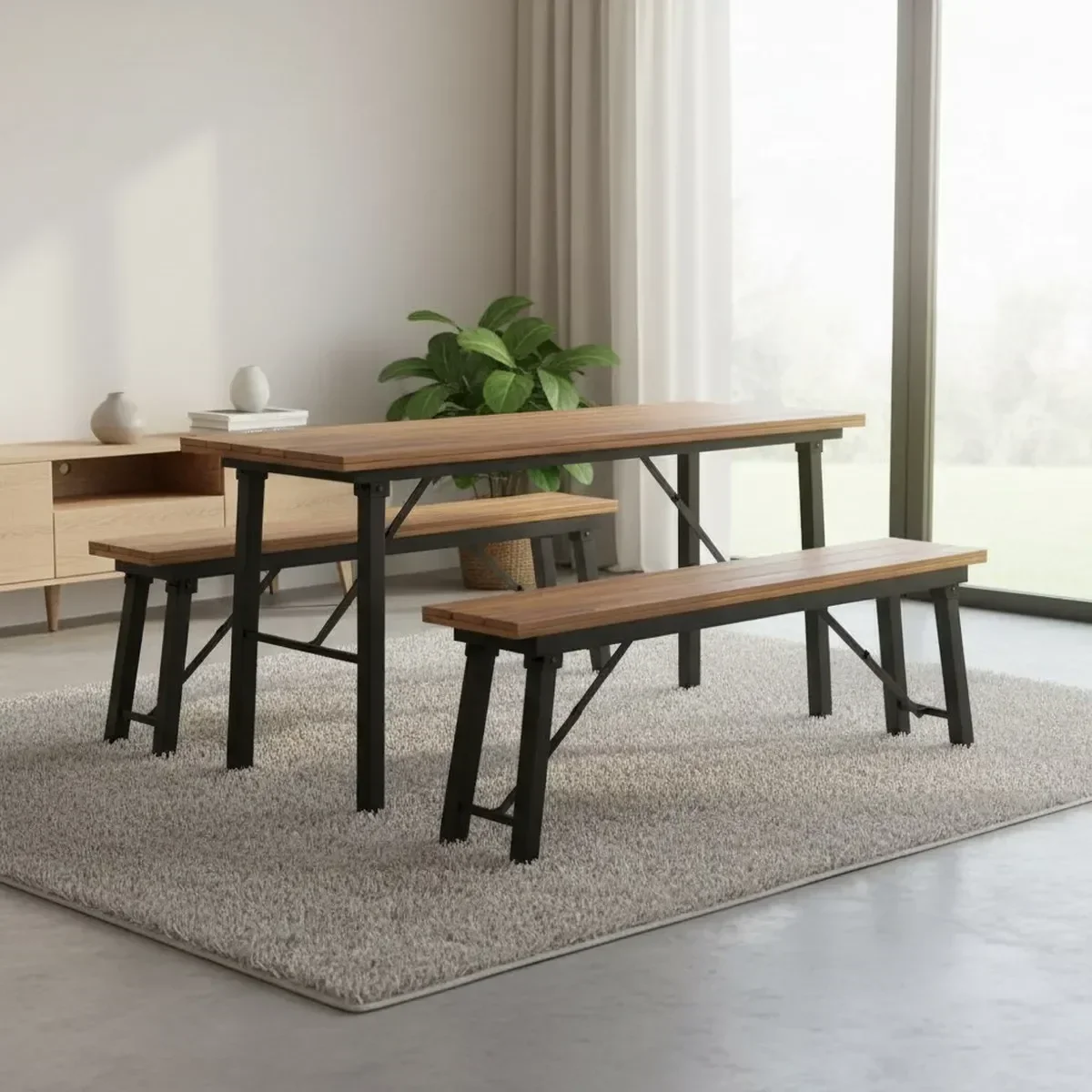 Acacia Wood Folding Benches 2 Pack Outdoor Picnic Seating No Assembly Weatherproof