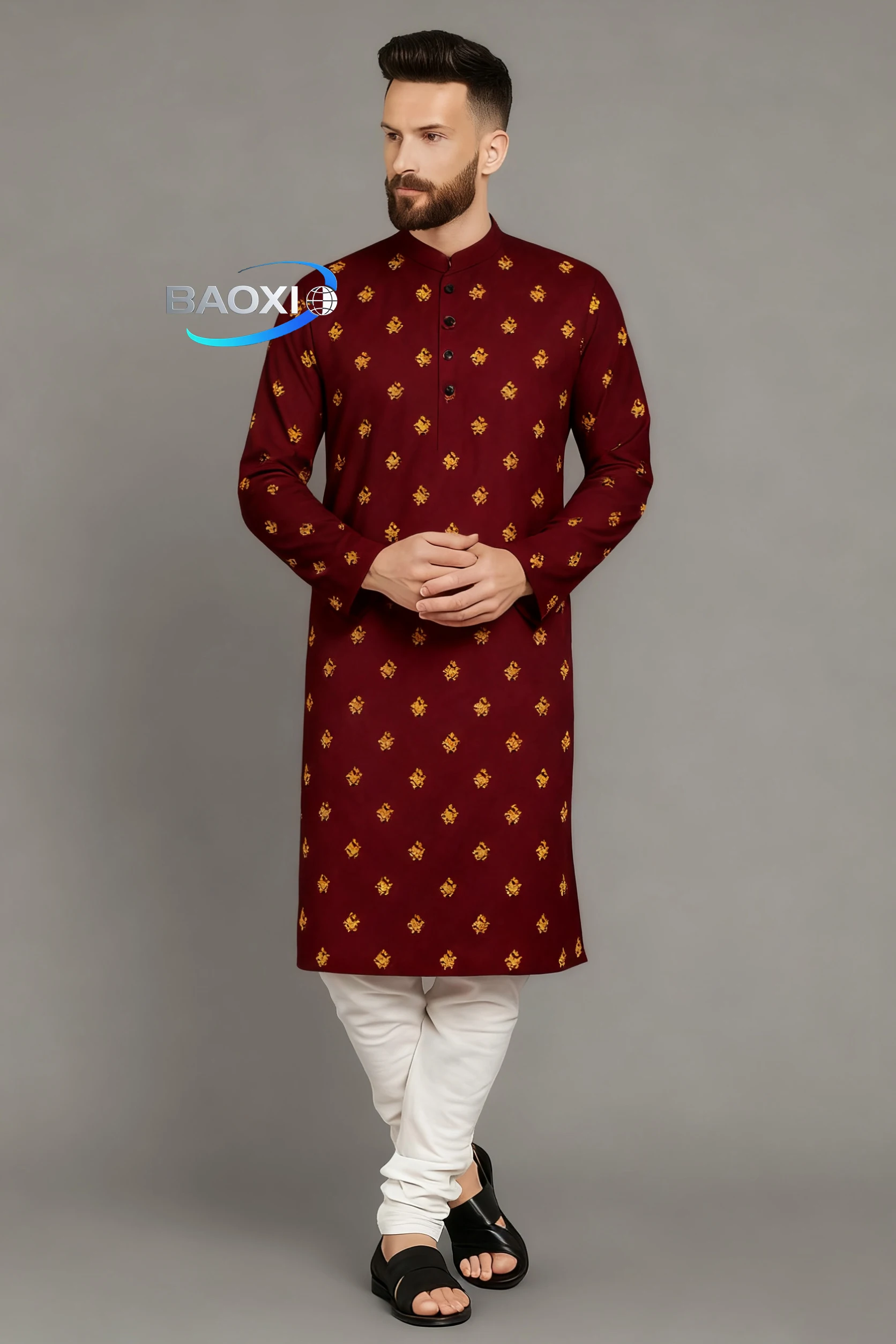 2025 Abito lungo da uomo con motivo stampato kurtaasuha, vestibilità comoda e alla moda, adatto a tutte le occasioni