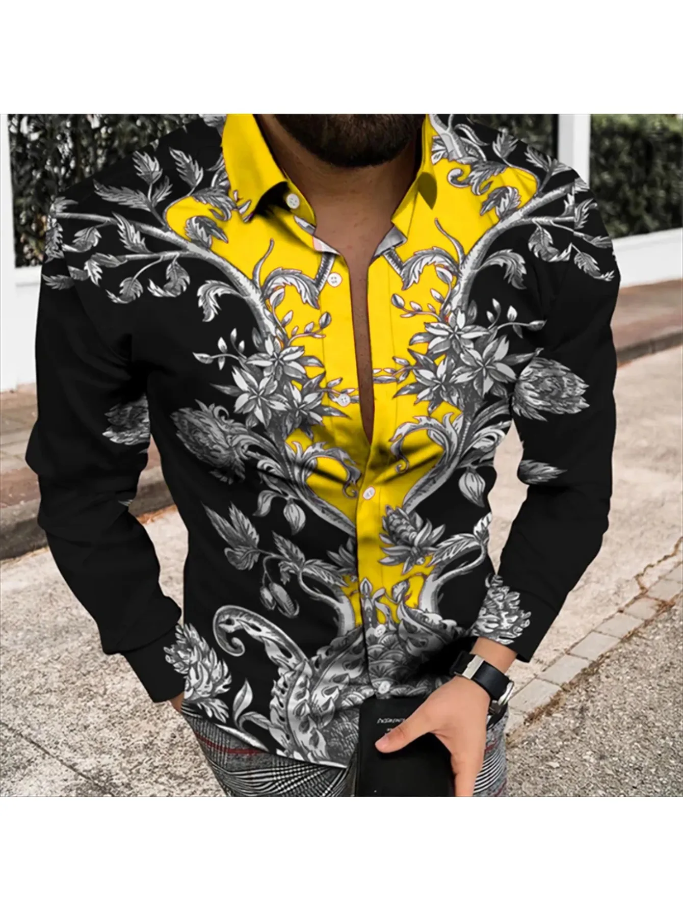 Men Luxury Baroque Silver Floral Tree Print Long Sleeve Shirt Lapel Collar Button‑Up Polyester Party Blouse