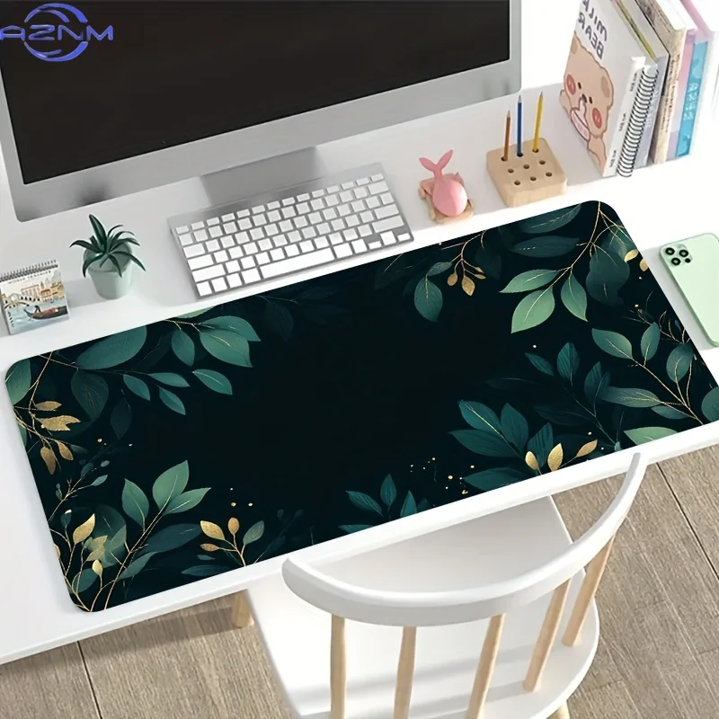 A Large Gaming Mouse Pad Featuring a Fresh Design with Green Leaves on a Dark Background, Equipped with a Non-Slip, Washable Rub