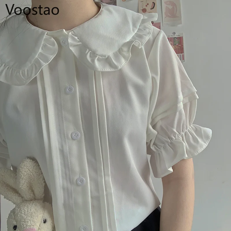 Japanese Sweet Lolita Style Blouses Women Kawaii Peter Pan Collar JK Shirts Girls Cute Ruffles Short Puff Sleeve Blusas Mujer