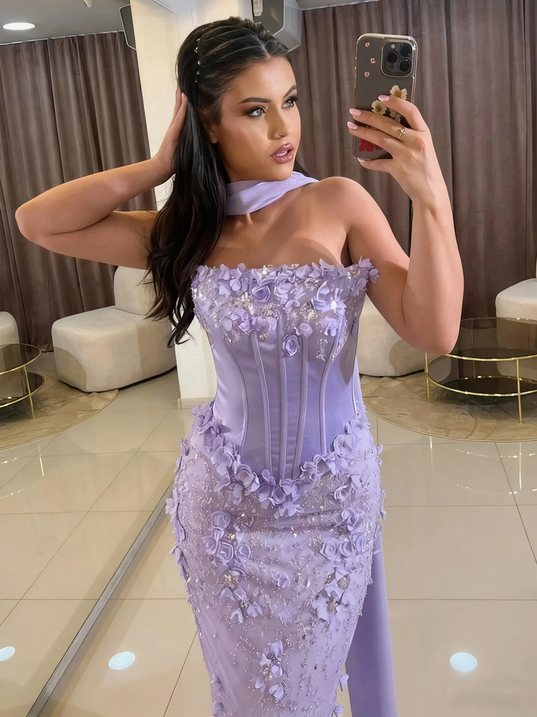 Elegante abito da sera arabo con decalcomania 3D a sirena, maniche a scialle senza spalline, abito da festa in pizzo, occasione formale, abito da ballo, personalizzazione